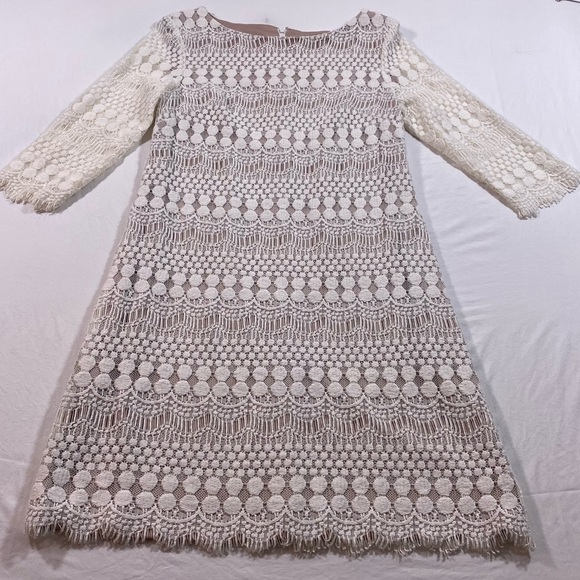 Jessica Howard Mini Ivory Dress Woman’s 6 Lace overlay half sleeves crew neck - Picture 1 of 11